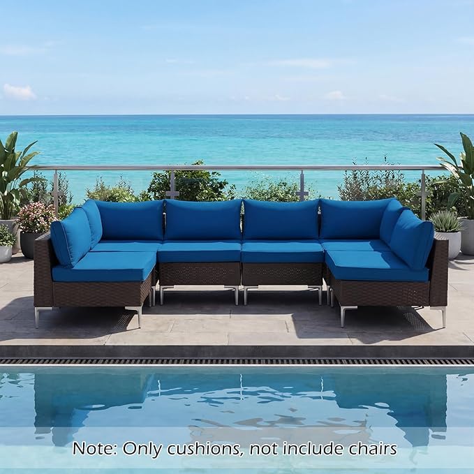 HOMREST Outdoor Replacement Cushions,Water-Resistant 4" Thick Seat Cushion for Patio Furniture,25x25 in Patio Furniture Cushions,Non-Slip 14-Piece Set for 6-Seat Rattan Wicker Sectional Sofa, Blue