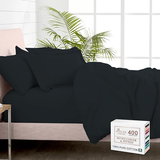 Pizuna 100% Cotton Full 3 Pc Duvet Cover + 1 Pc Fitted Sheet Set 400 Thread Count Black Sateen Weave Luxurious Long Staple Cotton 4 Piece Bedding Set - 1 Duvet Cover, 2 Pillow Shams, 1 Fitted Sheet