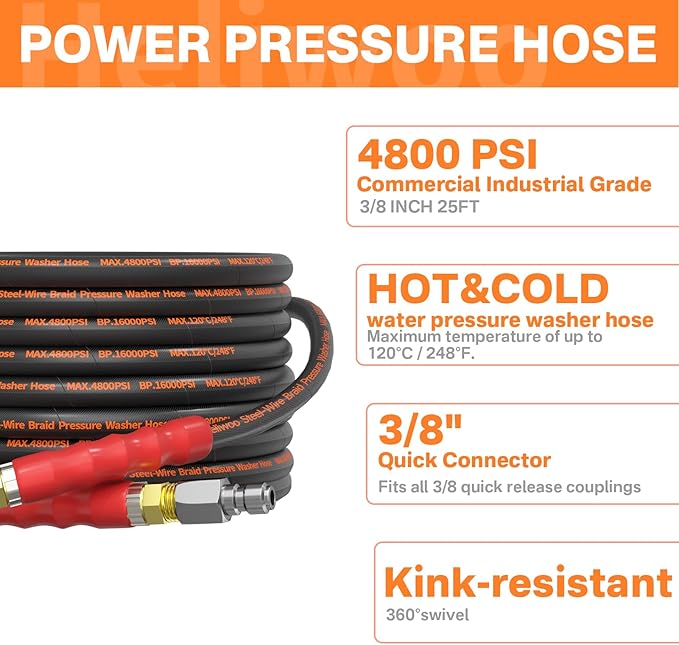 5000PSI Pressure Washer Gun and Hose Kit, 25FT Kink Resistant Steel Braided Power Washer Hose with 3/8" Swivel Quick Connector and M22 14mm Adapters Replacement