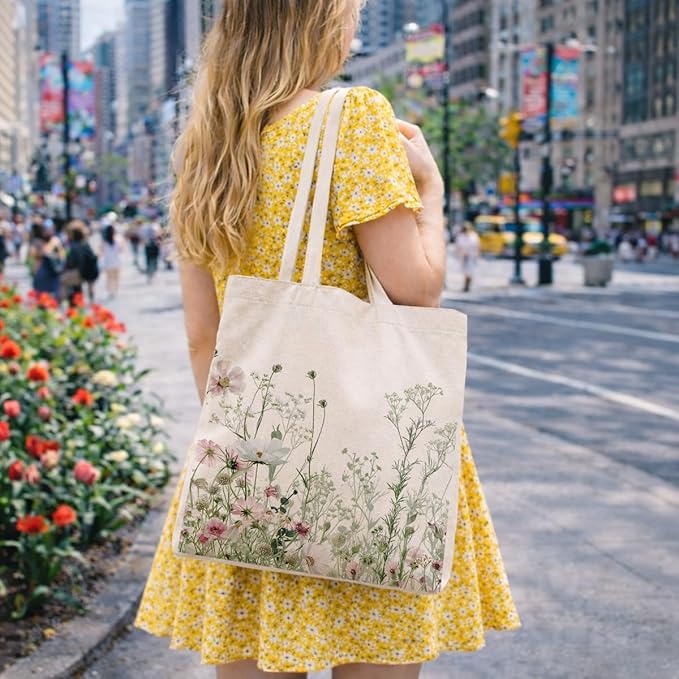 Floral Canvas Tote, Women Weekend Bags, Reusable Grocery Canvas Bag, Large Two Sided Printing Tote Bags