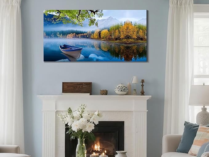 Arjun Landscape Wall Art for Living Room Lake Canvas Blue Picture Bedroom, Summer Nature Boat Artwork Modern Nature Painting Framed Large Home Office Dining Room Wall Decor 40"x20"