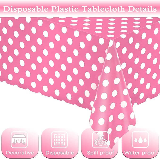 WNINK 4 Pack Pink and White Polka Dot Tablecloths – Pink Disposable Plastic Waterproof Table Cover, 54" x 108", for Birthday, Wedding, Bridal Shower, Bachelor, Pink Girl Party, and Picnic