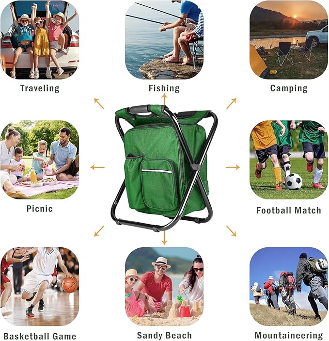 Kikerike Portable Stool Backpack Cooler Chair 300 LBS Max Load Folding Fishing Cooler Backpack Stool for Outdoors Hiking Beach Travel - Army Green