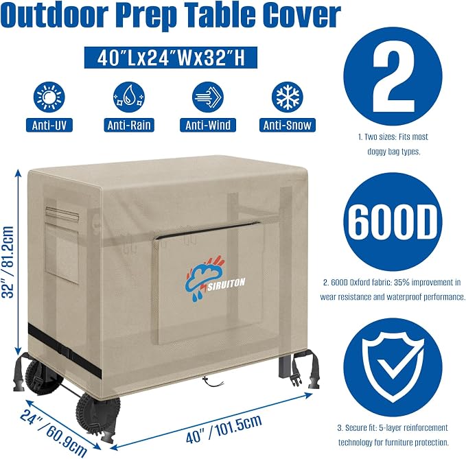 SIRUITON Outdoor Bar Cart Cover for 40 Inch BBQ Food Prep Table, Heavy Duty 600D Oxford Fabric Outdoor Dining Cart/BBQ/Worktable Metal Movable Table Waterproof Cover