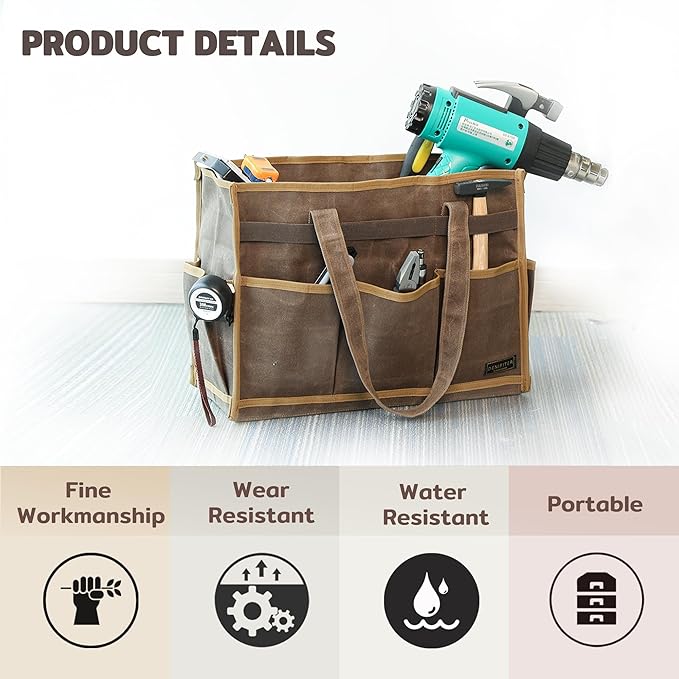 Canvas Large Tool Bag - A Large Main Pocket and 14 Insert Pockets Garden Tool Tote Bag - Durable 16oz Waxed Canvas Tool Case with Handle - Tool not Included