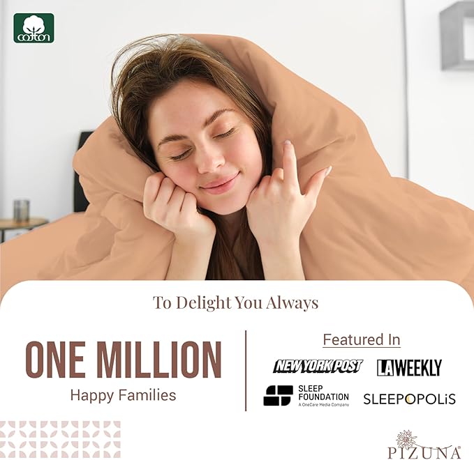Pizuna Pure 100% Cotton Queen Duvet Cover Set, Luxurious 400 Thread Count Long Staple Cotton Sateen Weave with Button Closure (Combed Peach Cotton Duvet Cover Queen)