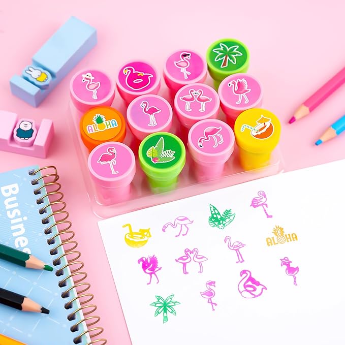 36PCS Pink Bird Party Favors - 24PCS Pre-Cut Temporary Tattoos & 12PCS Stamps - Ideal Hawaiian Summer Tropical Luau Themed Birthday Card Decorations Supplies Goodie Bag Kids Gifts Classroom Rewards