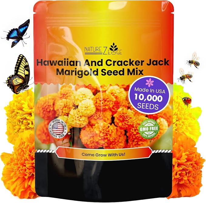 NatureZ Edge, Marigold Seeds for Planting Outdoors, 1 Ounce 10,000 Seed, Hawaiian and Cracker Jack Marigold Seeds, Made in USA, Companian Gardening Flower
