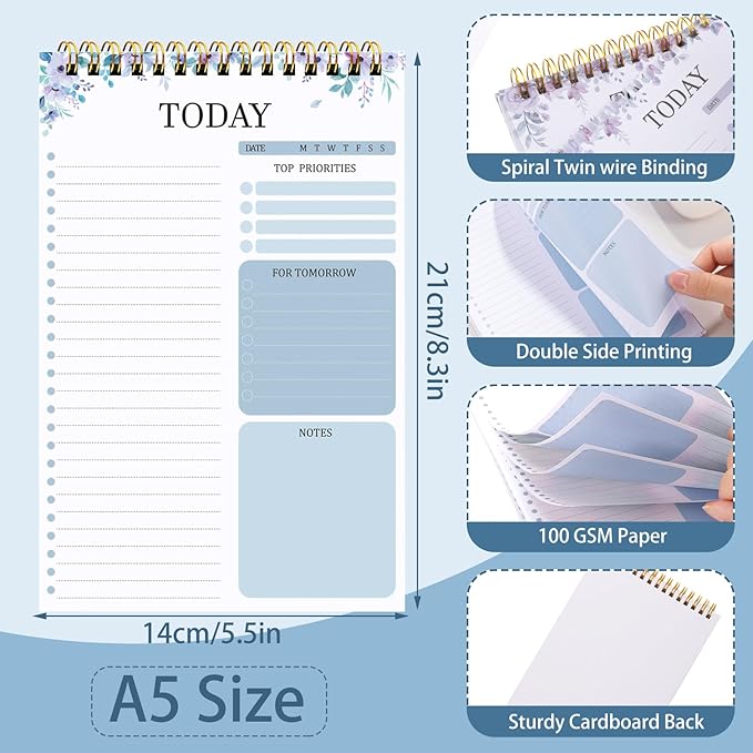 2 Packs To Do List Notepad, Totally 208 Pages To Do List Notebook A5 Undated Daily Planner Notepad with Transparent Cover and Task Checklist Home Office School Supplies, Purple & Blue