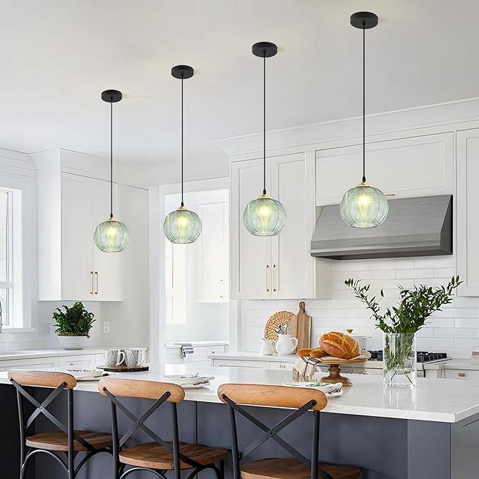 KCO Lighting Single Green Glass Pendant Light Large Globe Pendant Lighting Nordic Ribbed Ceiling Hanging Chandelier Light Vintage Dining Room Kitchen Island Light Fixture