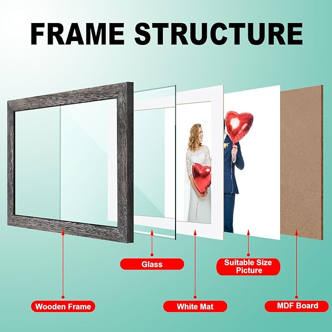 RPJC 6x8 inch Picture Frame Made of Solid Wood and High Definition Glass Display Pictures 4x6 with Mat or 6x8 Without Mat for Wall Mounting Photo Frame Carbonized