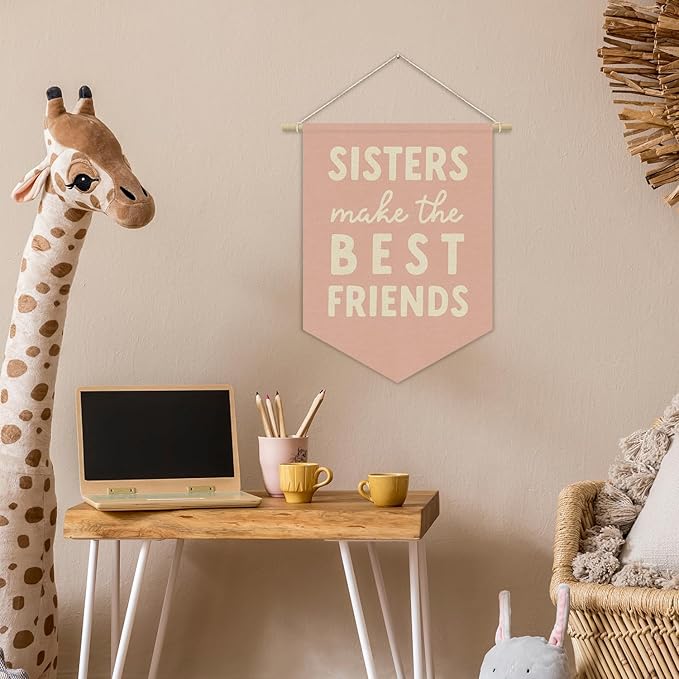 Girls Room Decor, Sisters Make the Best Friends Linen Canvas Banner, Pink Preppy Girly Wall Hanging Pennant Flag Banner for Girls Nursery Kids Toddler Room Bedroom Dorm Decor, 15x11in