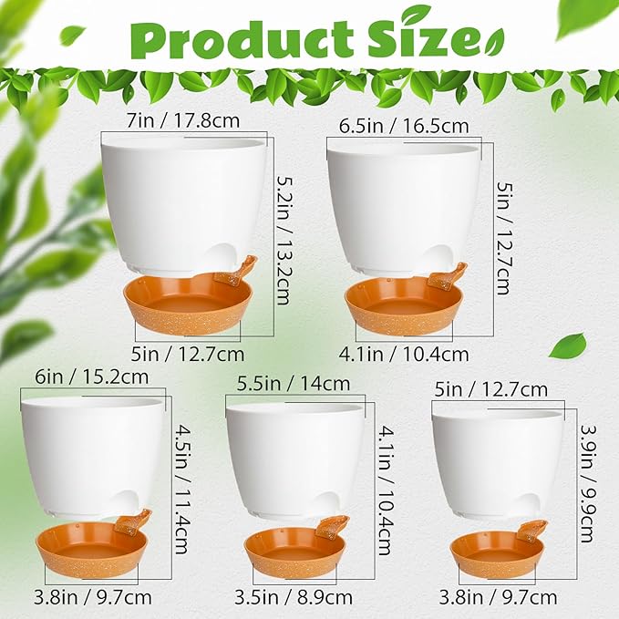 Remerry 15 Pcs 7/6.5/6/ 5.5/5 Inch Self Watering Planters with Drainage Hole Plant Pots Plastic Flower Pots Self Watering Pot and Saucer Reservoir for Garden Plant Flower (White)