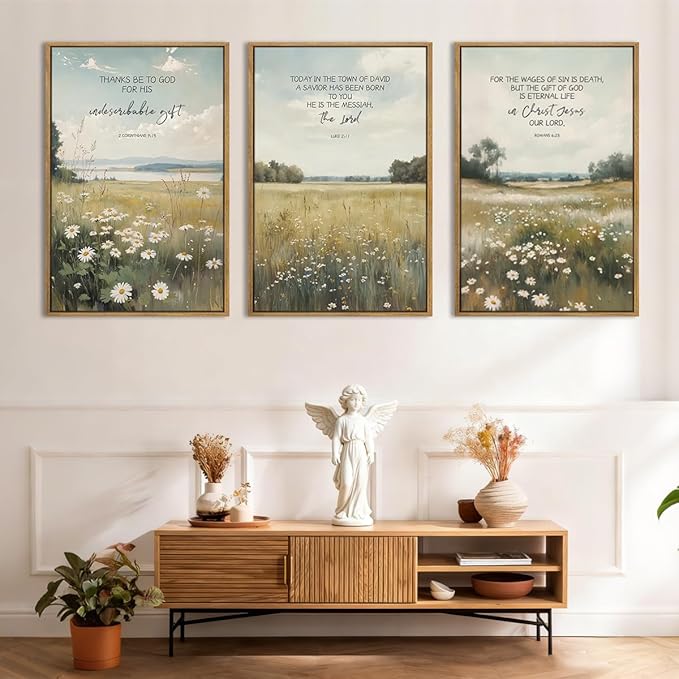 Anyzal Large Christian Framed Wall Art 16x24 Inch Bible Scripture Canvas Wall Decor Easter Farmhouse Wildflower Paintings Set of 3 for Living Room Bedroom Dining Room