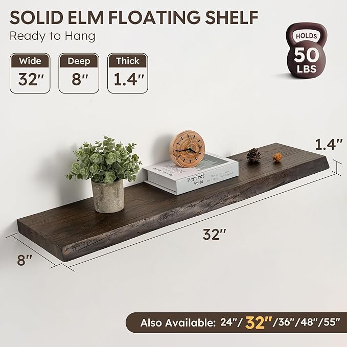 Floating Shelves Set of 2, Solid Elm Wood Wall Shelves 32 Inch