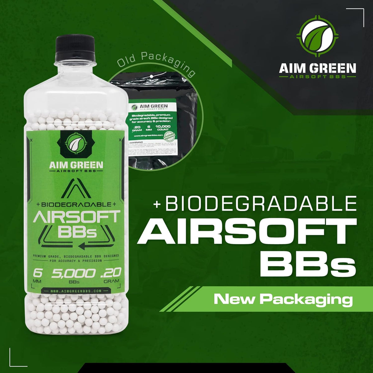 Aim Green Biodegradable Airsoft BBs - Premium 6mm, 20g to 40g, Available in 2,500 to 10,000 Count
