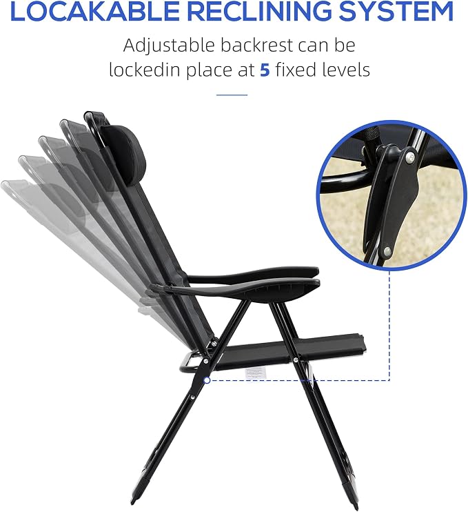 Outsunny Folding Patio Dining Chairs Set of 2, Outdoor Deck Chair with Adjustable Sling Back, Camping Chair with Removable Headrest for Garden, Backyard, Lawn, Black