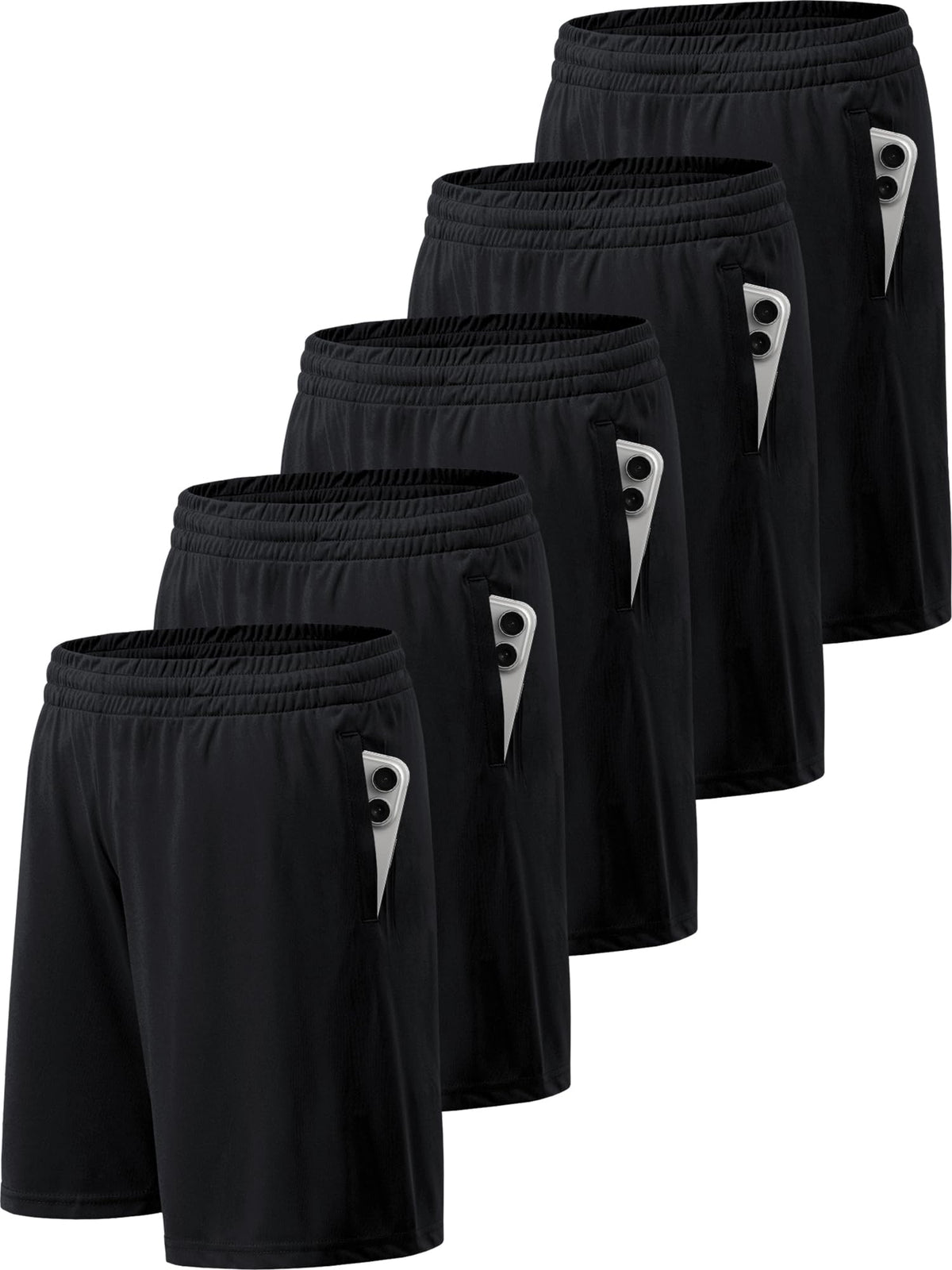 BVNSOZ Men's Athletic Shorts with Pockets and Elastic Waistband Quick Dry Workout Shorts for Men, Black x 5, M
