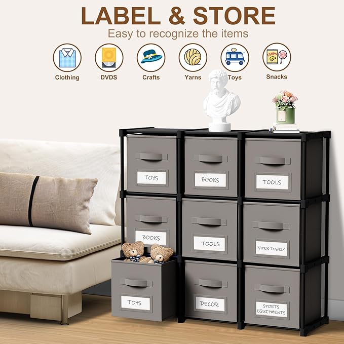 Geelin 9 Sets Cube Storage Organizer Bins with Shelf & Labels 11 Inch, Fabric Collapsible Cubby Toys Clothes Storage Drawer Unit for Daycare Nursery Playroom Bedroom Dorm Organizer (Gray)