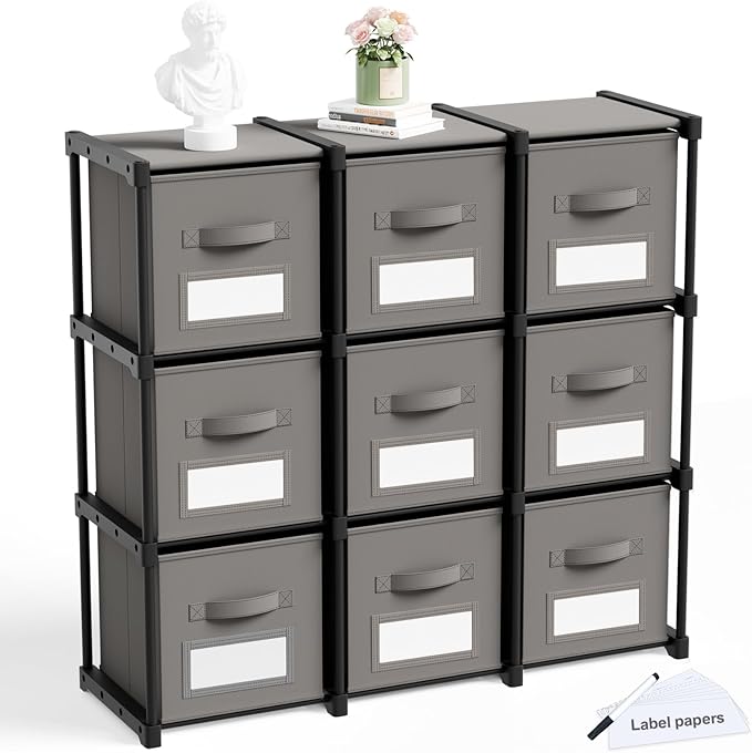 Geelin 9 Sets Cube Storage Organizer Bins with Shelf & Labels 11 Inch, Fabric Collapsible Cubby Toys Clothes Storage Drawer Unit for Daycare Nursery Playroom Bedroom Dorm Organizer (Gray)