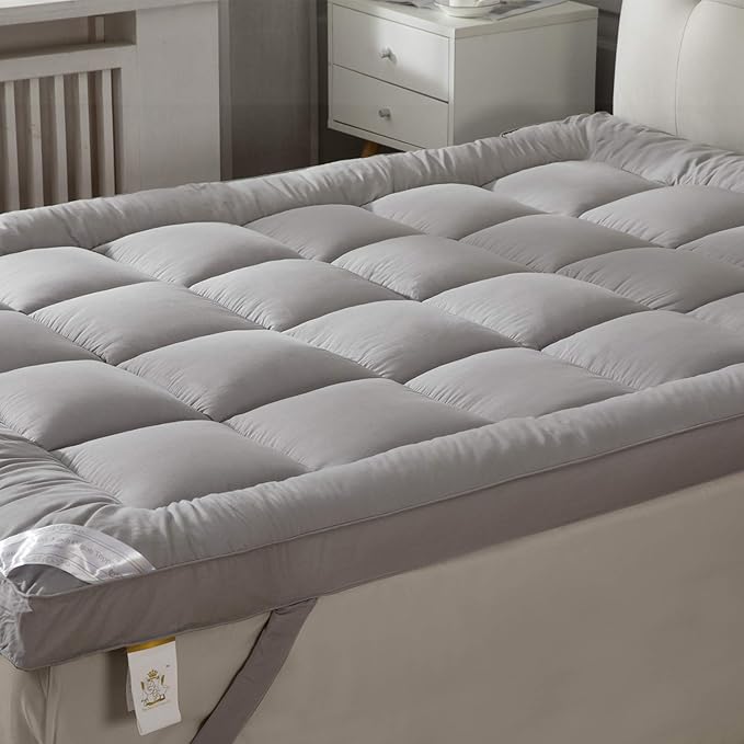 Soft Pillow Top Mattress Topper King for Firm Mattress - Grey, Extra Thick Plush Bed Topper for Back Pain with 100% Cotton Cover, Overfilled Soft Mattress Pad Cover Fit to 6”-22” Mattress.
