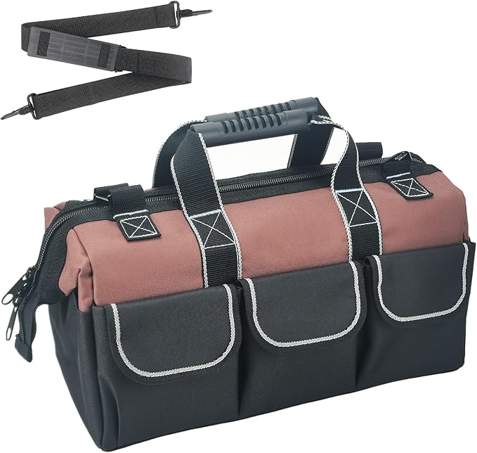 Garden Tools Bag 16 Inch Wide Mouth Tool Bag with Molded Base and Plastic-Padded Inside Pockets for Tool Storage, 600D Polyester Fabric, Brown Color