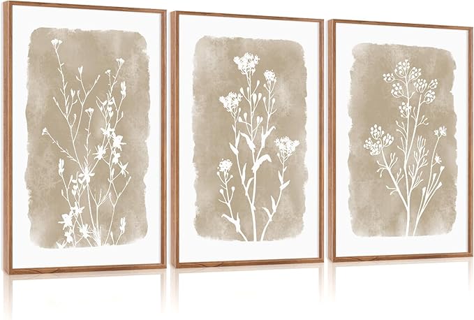 CHDITB Neutral Botanical Wall Art Set of 3, 24"x36" Large Framed Boho Farmhouse Flower Wall Decor, Modern Minimalist Floral Wall Painting, Begie Wildflower Canvas Art Prints for Living Room, Bedroom