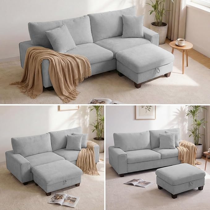 DOPEDIO L-Shaped Sectional Sofa with Storage Ottoman, Modern Chenille Recliner Loveseat, Removable Couch Covers, Pocket Spring Cushions, Solid Wood Frame, Easy to Install (88.58inch, Light Gray)
