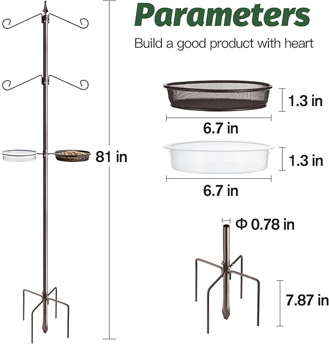 Bird Feeding Station Kit, 81 Inch, 4-Hook, Metal Birds Feeder Stand Pole with Bird Bath and Mesh Tray, Freestanding 5-Prong Base
