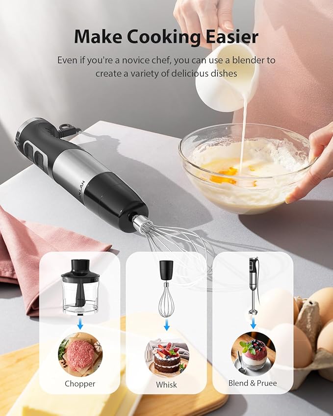 1000W Powerful Immersion Blender Handheld, 2025 New Update Hand Blender with 25-Speed and Heavy-Duty Copper Motor, 4 in 1 Hand Mixer with Chopper, Whisk, Beaker and Wand Silver