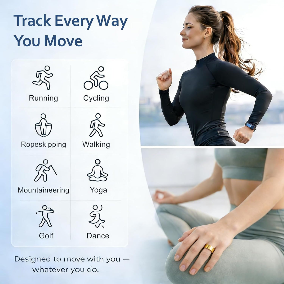 Smart Ring | Health & Fitness Tracker for Men & Women - Heart Rate, SPO₂, Sleep Monitoring, IP68 Waterproof, Gold, Size 8