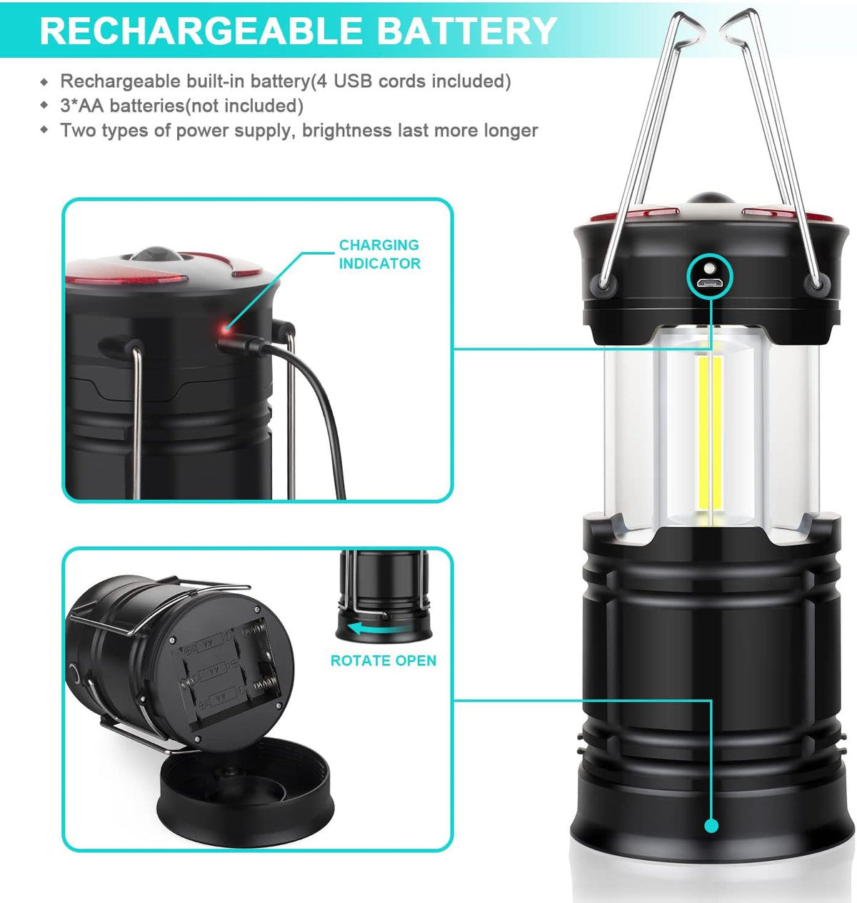 Skiennix LED Lanterns - 4 Pack Camping Lights for Emergencies | Rechargeable & Battery Operated