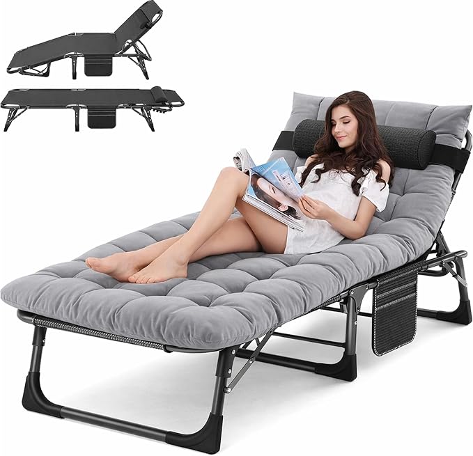 ABORON Tanning Chair, 5-Position Padded Folding Chaise Lounge | 5-position folding chaise lounge supports 500 lb and has a removable cushion and pillow for sunbathing, poolside or patio.