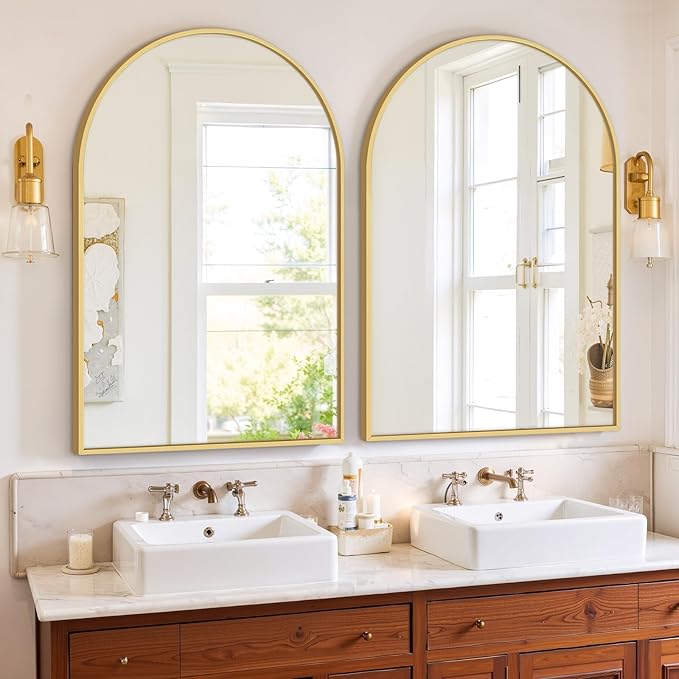 Bathroom Mirror for Wall, 36x24 Inch Arched Mirror, Matte Gold Metal Framed