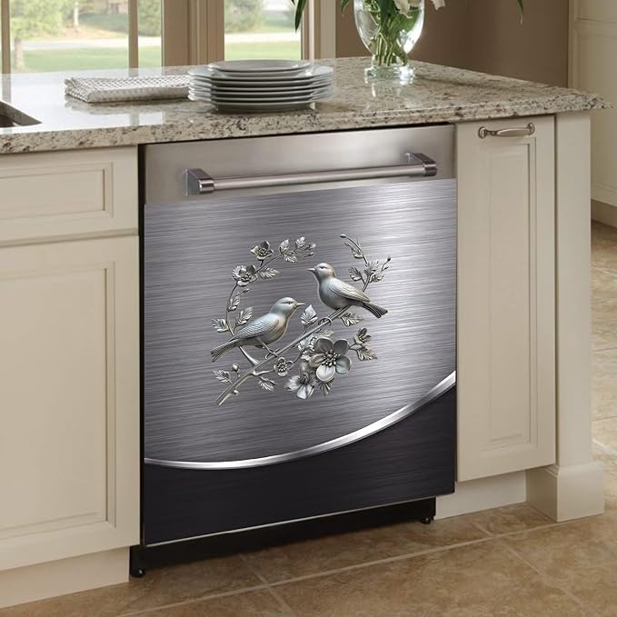 Dishwasher Cover Sheet Magnetic Bird Flower,Grey Metal Silver Pattern Polishing Dishwasher Skin Magnet Decor Silver Texture, 23X17 INCH Steelbird Magnet Rerigerator Wrap, Kitchen Full Panel Decal