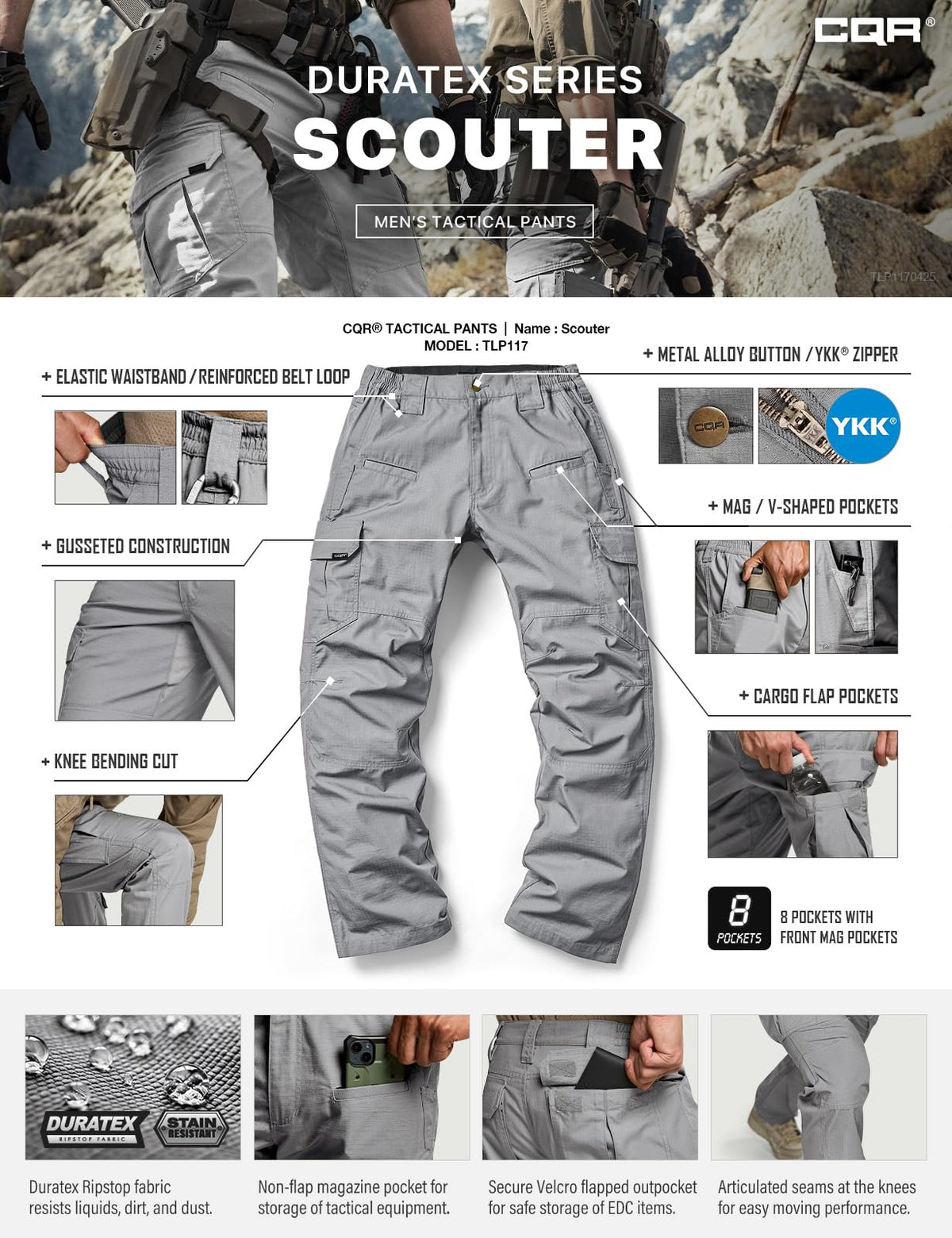 CQR Men's Tactical Pants, Water Resistant Ripstop Cargo Pants, Lightweight EDC Work Hiking Pants, Outdoor Apparel, Raider Stone, 38W x 34L