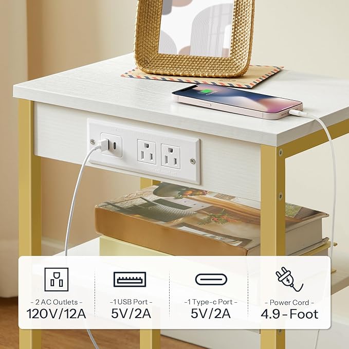 HOOBRO Side Table with Charging Station and USB Port, Small End Table for Small Space, 3-Tier Nightstand with Adjustable Shelf, for Living Room, Bedroom and Balcony, White and Gold DW112BZ01G1
