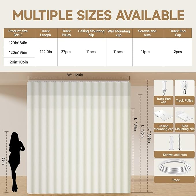 Room Divider Ceiling Curtains W/Flexible Track Sets, inch Extra Long Blackout