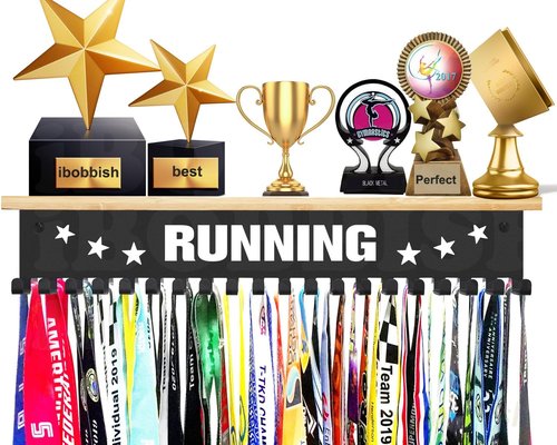 iBobbish Premium Trophy Shelf - Sturdy 16-Inch Metal Display with Hooks for Medals | Large Bamboo Design