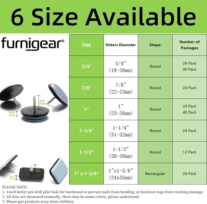 Furniture Glides Sliders-Furnigear PTFE (Teflon) Chair Leg Movers Sliders for Carpet and Hardwood Surface - Move Your Furniture Easily & Safely - Best Floor Protector (1-1/2", 12pack)