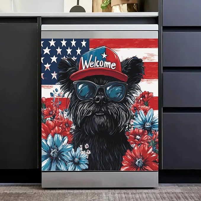 Black Patriotic Puppy Dishwasher Magnet Cover American Flag and Flowers Magnetic Dishwasher Cover Magnets Decorative Cover Refrigerator Appliances Panel Sheets 23" x 26" Magnetic