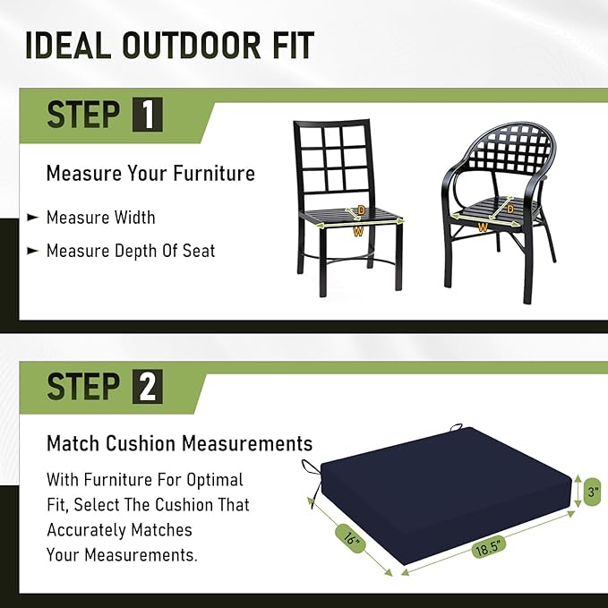 Basic Beyond Outdoor Chair Cushions Set of 2, Square Corner Outdoor Cushions for Patio Furniture, Water Resistant Patio Chair Cushions with 2 Ties, 18.5x16x3, Navy