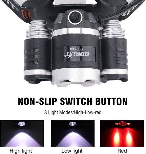 BORUIT RJ-3000 Rechargeabe LED Headlamp Super Bright with Red Light, 3 Modes Super Bright USB Head Lamp IPX4 Waterproof Headlight for Adults USB Outdoor Fishing Camping