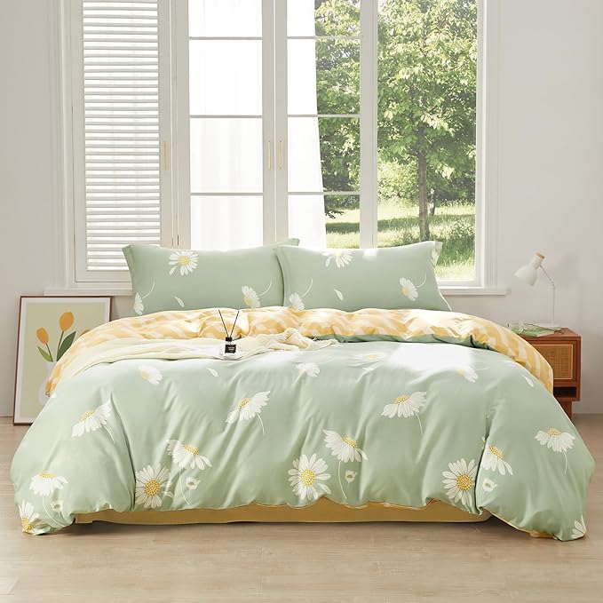 SAPHREAS White Daisy Floral Duvet Cover Set Twin Size 2pcs Light Green Bedding Comforter Cover Set 100% 1 Duvet Cover 68"x90" 1 Pillow Sham, Comforter Not Included