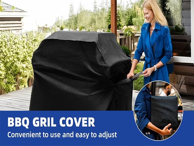 BBQ Gas Grill Cover for Outdoor, Anti-UV, Rip-Proof, 600D Oxford Fade Resistant Material, Barbecue Cover with Hook and Loop Straps & Adjustable Hem Drawstring (Black, 60”x24”x44”)
