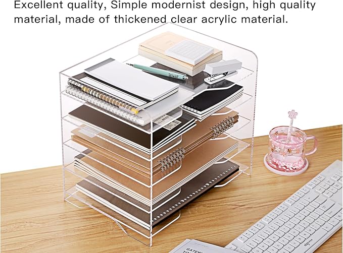 Acrylic Paper Letter Tray Organizer, 5 Tiers, Transparent, Modern, Rectangular, Stackable, Office