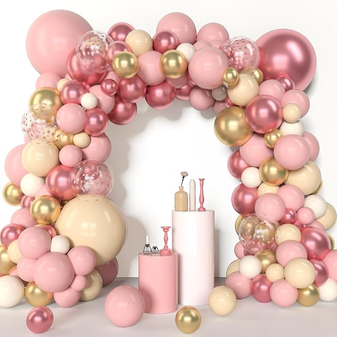 Amandir 153Pcs Boho Blush Balloon Garland Arch Kit, Double-Stuffed Nude Cream Peach Dusty Rose Pink Gold Confetti Metallic Balloon for Baby Shower Birthday Party Wedding Decorations