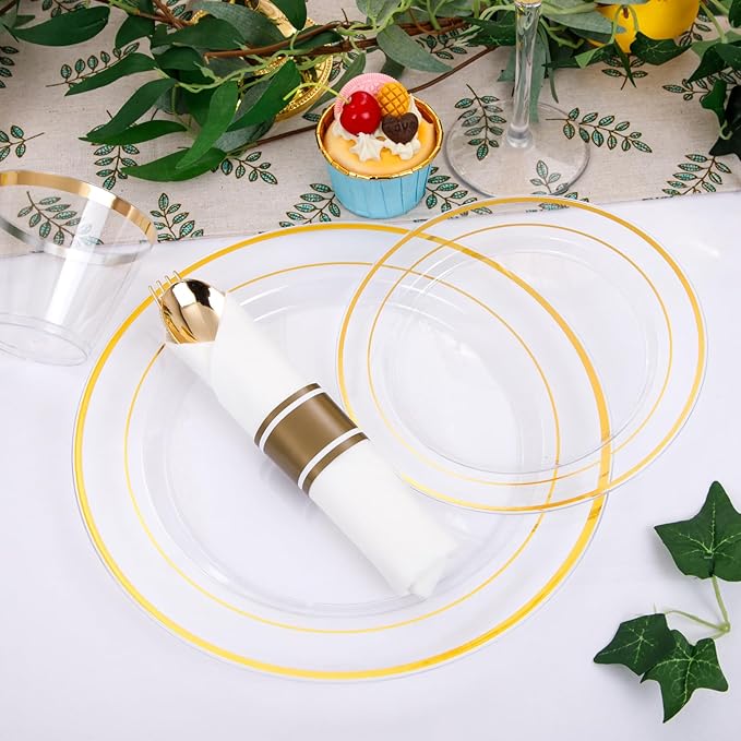 DaYammi 350PCS Clear Gold Plastic Dinnerware Set for 50 Guests, Christmas Plates Disposable, Include: 50 Dinner Plates, 50 Dessert Plates, 50 Pre Rolled Napkins with Gold Silverware, 50 Cups