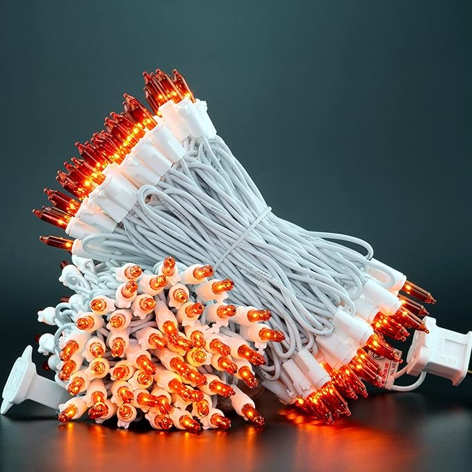 YULETIME 200 Orange Christmas Lights, Pack of 2 Sets 33 Feet 100 Count UL Certified Incandescent String Lights (Orange - White Wire)
