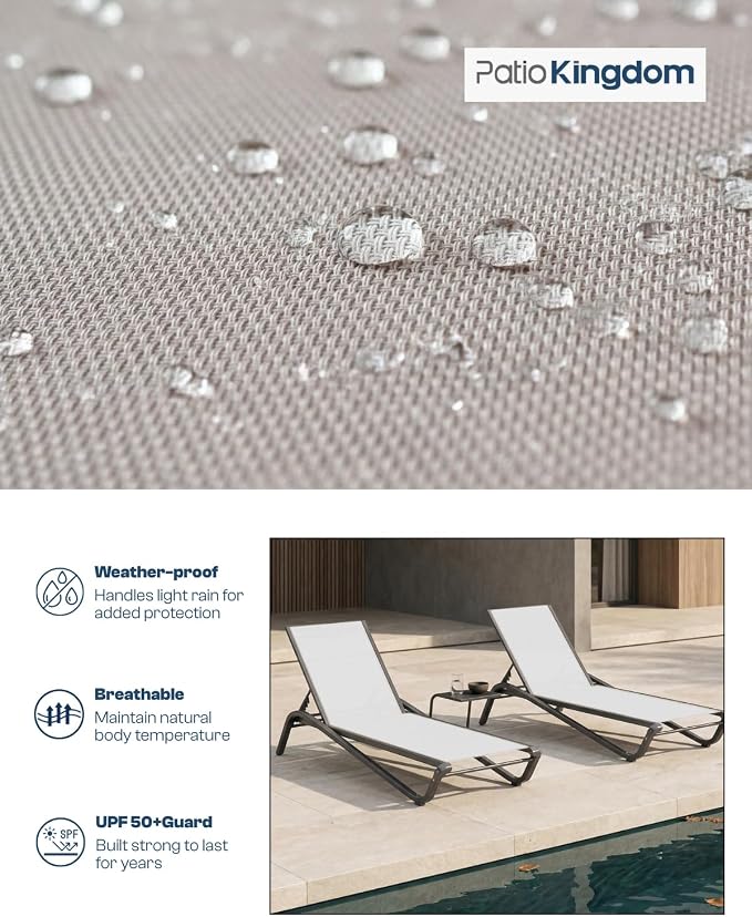 Adjustable Patio Chaise Lounge Chair, Outdoor Pool Lounger for Sunbathing & Tanning, All-Weather Textilene Sun Bed for Beach, Porch & Deck, Rust-Proof Aluminum Frame, White
